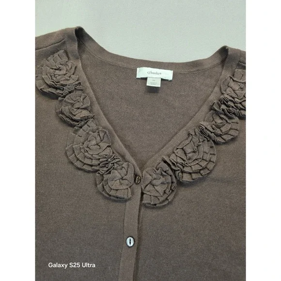 CJ Banks 3X Cardigan Brown 3D Floral Light 100% Cotton Office Staple 3/4 Sleeve - Picture 3 of 8
